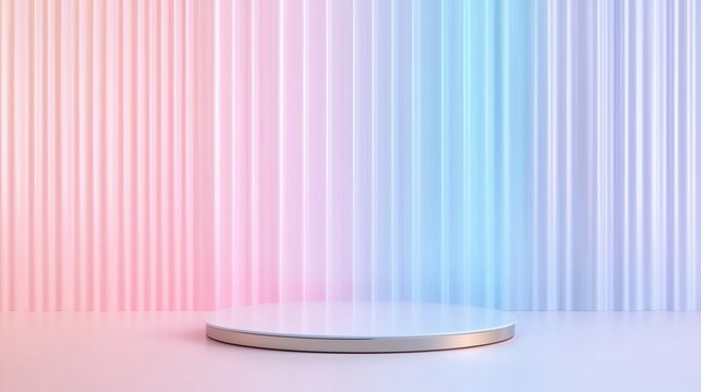 Pastel Dream Stage: A minimalist, cylindrical display podium bathed in soft pastel hues, set against a backdrop of vertical, iridescent stripes, creating a dreamy and ethereal atmosphere.