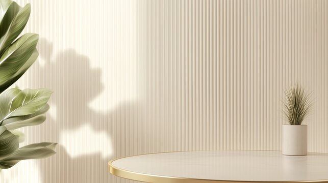 Minimalist Tabletop Still Life: A minimalist composition featuring a white round table with a golden rim, nestled against a backdrop of soft, cream-colored vertical panels.