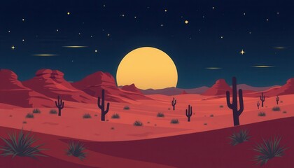 Nighttime Desert Landscape with Full Moon and Cacti