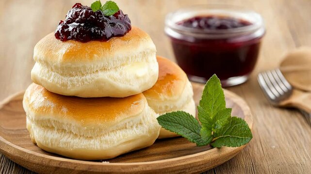 Fluffy biscuits are piled high with sweet fruit preserve and garnished with fresh mint, creating a tempting treat in a warm atmosphere