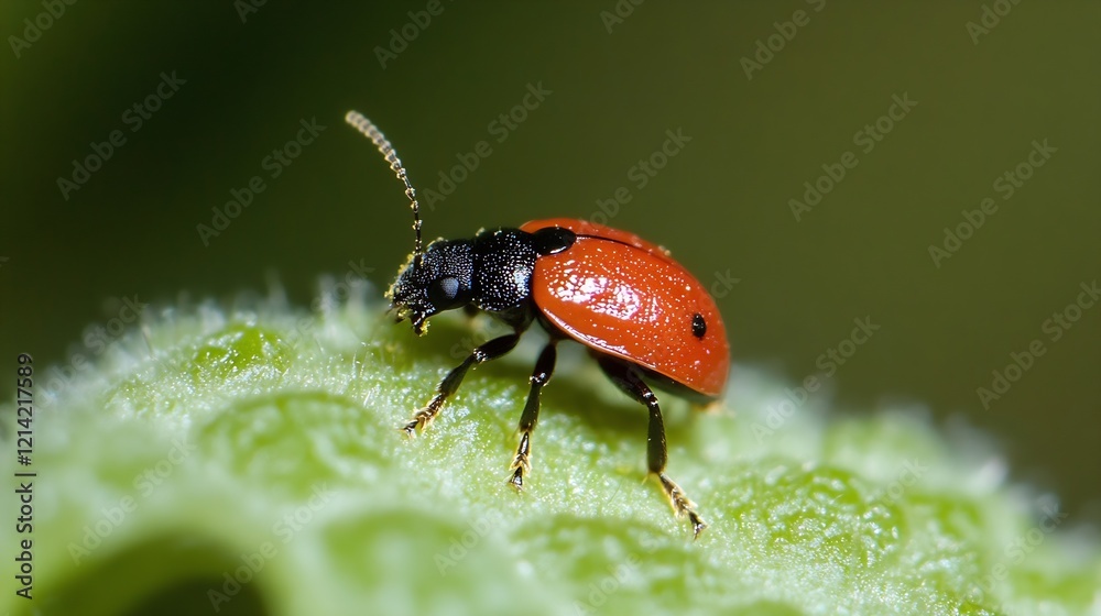 Poster Macro View of a Red Beetle on Leaf Highlighting the Vibrant Colors and Natural Details of the Insect : Generative AI