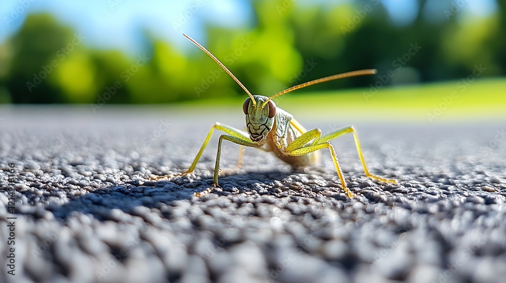 Poster Grasshopper on Carpet in Sunny Outdoor Setting with Nature Inspired Background : Generative AI