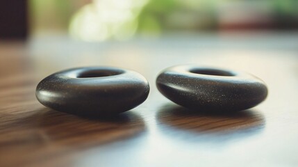 Close-up of two magnetic stones attracting each other on a smooth wooden surface, symbolizing connection and attraction, in a minimalist and natural style.