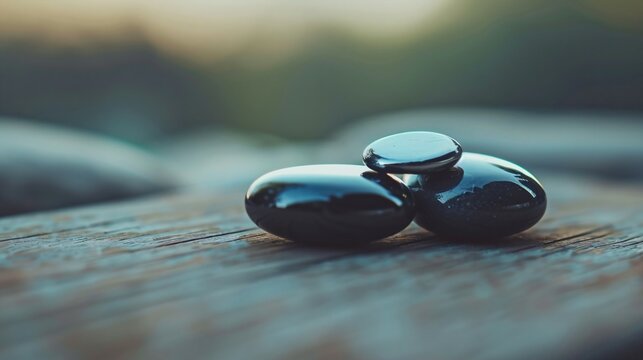 Close-up of two magnetic stones attracting each other on a smooth wooden surface, symbolizing connection and attraction, in a minimalist and natural style.