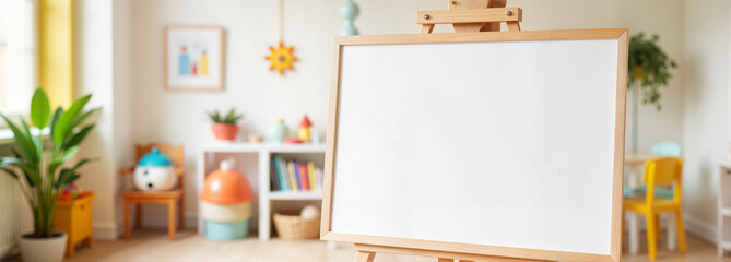Flipchart mockup in bright, cheerful classroom setting