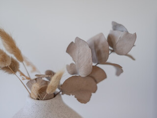 Décoration d'intérieur dans une maison avec des fleurs séchées et des vases 