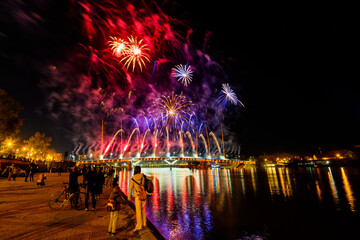 Novi Sad, Serbia - October 23, 2024: Fireworks in Novi Sad, Serbia. Fireworks on the occasion of...