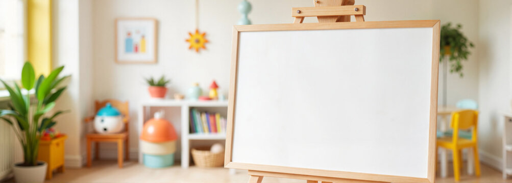 Flipchart mockup in bright, cheerful classroom setting