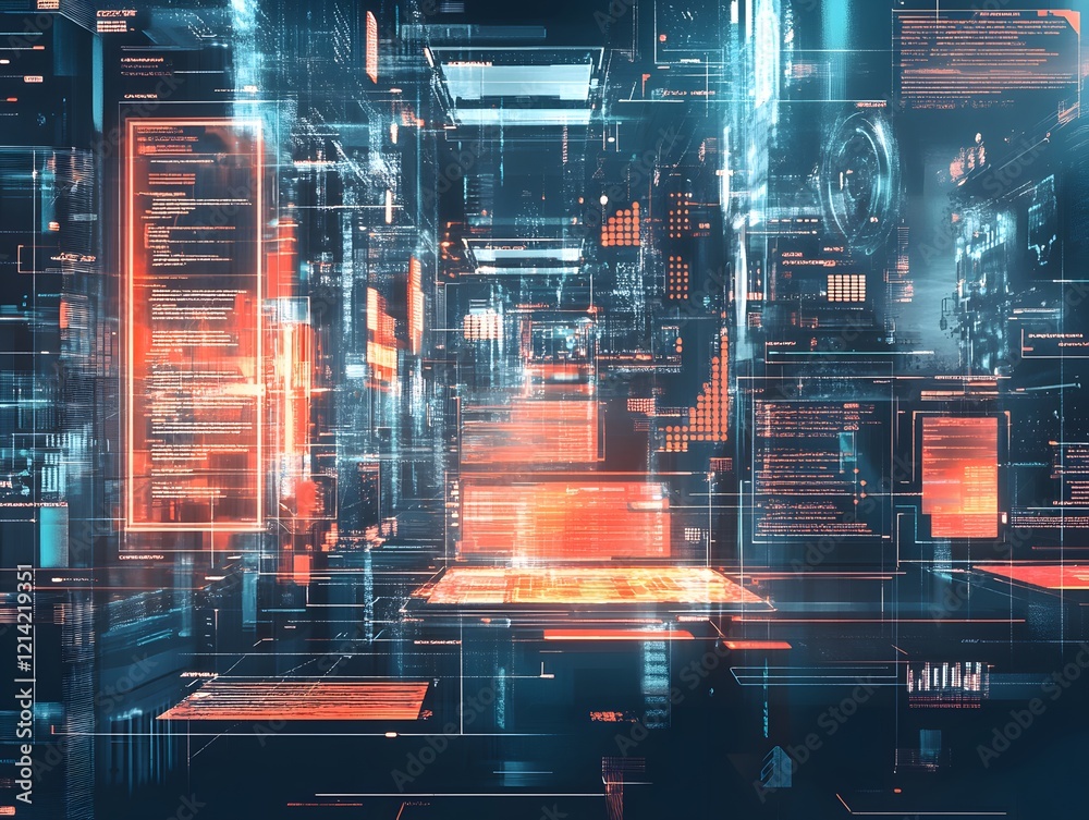 Poster a futuristic digital landscape filled with glowing interfaces and data streams, representing advance