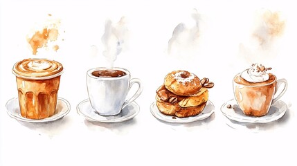 watercolor illustrations of steaming coffee cups with pastries, blending warm hues and cozy vibes for bakery or coffee shop designs.
