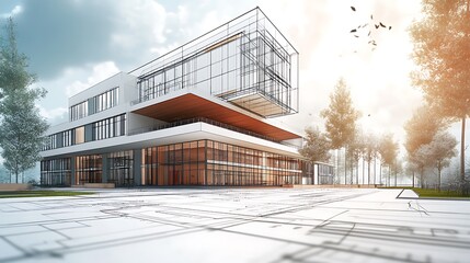 Modern architectural workspace with building drafts on a sunny table image