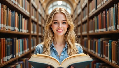A Journey Through Literature: A young woman with long blonde hair and piercing blue eyes radiates happiness and intellectual curiosity as she holds an open book in a library.