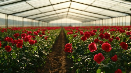 Field of red roses flowers production under a greenhouse