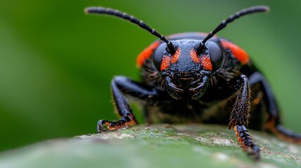 Fototapeta premium Macro Focus Image of Black and Red Insect on Leaf Highlighting Textures and Colors : Generative AI