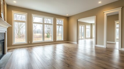 A spacious empty living room with no furniture, featuring large windows, a wooden floor, and neutral walls