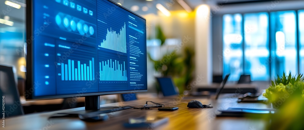 Poster a modern office environment showcasing a computer monitor displaying data analytics and graphs, symb