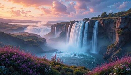 Cascade of Wonder:  A breathtaking panorama of a majestic waterfall cascading down rocky cliffs.  The vibrant sunset paints the sky in hues of orange and pink.