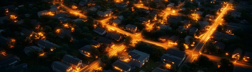 Fototapeta premium A stunning aerial view of a residential neighborhood at dusk, showcasing glowing streetlights and warm home lights. The tranquil scene highlights suburban life and evening beauty.