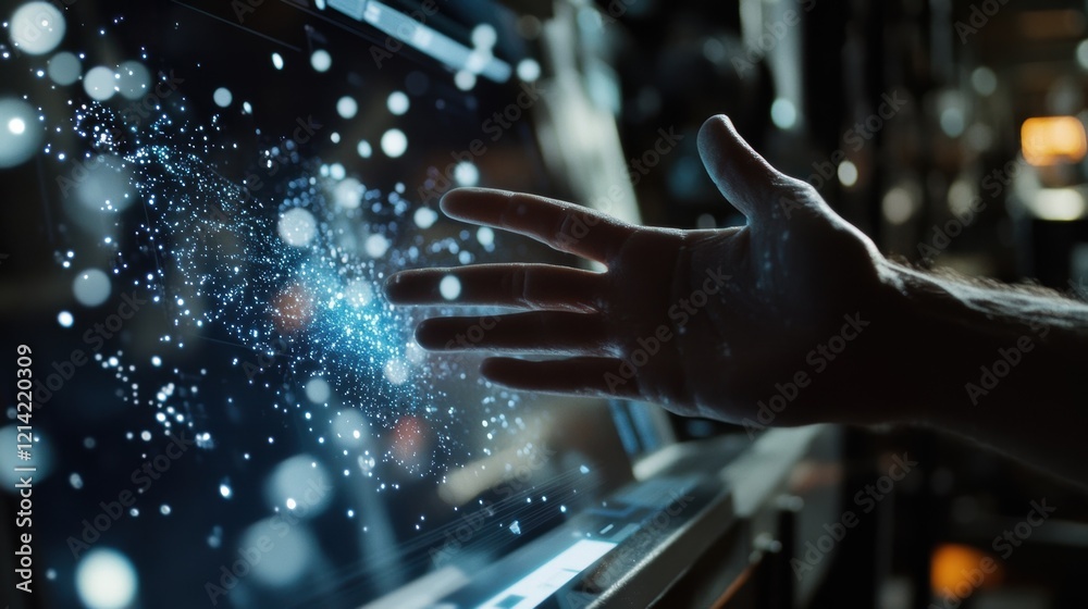 Poster hand interacting with a futuristic transparent display showing particle effects and data points, sug