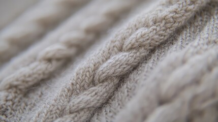 A close-up of a cable-knit sweater texture in soft, neutral tones.