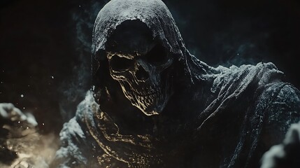 Tattered robes of a grim reaper skeletal face lit by a chilling glow reaching out dark void surrounding