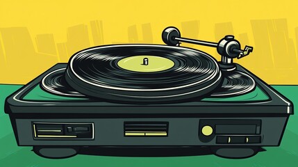 Retro turntable playing vinyl record against a city backdrop.
