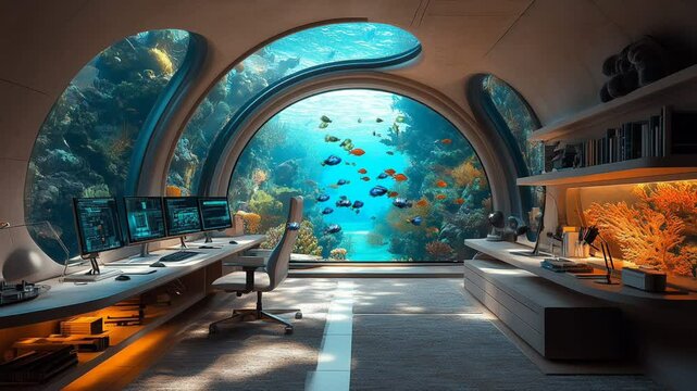 Modern underwater office with panoramic ocean view and sleek design illuminated by natural and ambient lighting seamless looping 4k time-lapse animation video background