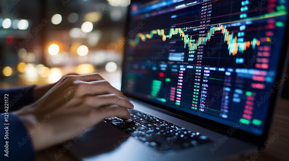 Aufkleber Person Typing on Laptop with Stock Market Charts and Data Displayed on Screen : Generative AI