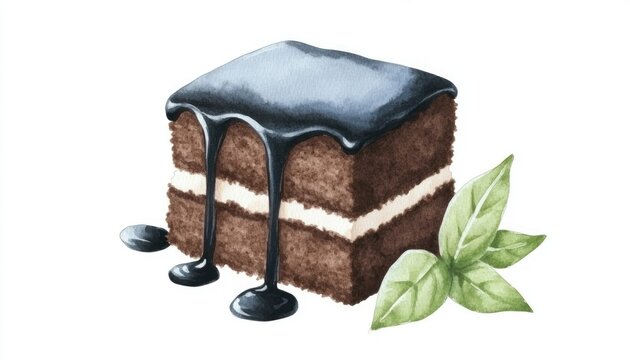 A delicious chocolate cake slice with glossy icing and mint leaves, perfect for dessert lovers and baking enthusiasts