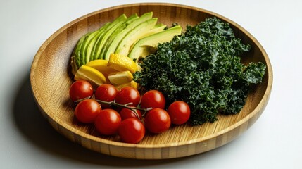 A farm-to-table salad with kale, cherry tomatoes, avocado, and a lemon-tahini dressing, served on an eco-friendly bamboo plate