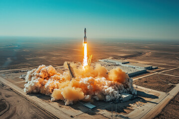Rocket launches from modern cosmodrome under clear blue sky with fiery exhaust and smoke trails