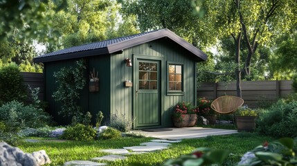 Fototapeta premium Cozy charming wooden garden shed storage solution