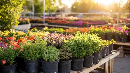 Colorful Flower Nursery Plants in Pots at Sunset in Garden Center Outdoors : Generative AI