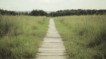 Obraz premium Wooden path through a grassy field leading to a forest.