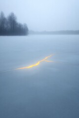 commercial photography for advertising campaign showcasing abstract frozen lake with glowing cracks forming artistic
