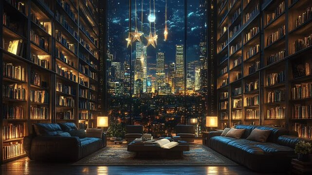 Luxurious library with city skyline view at night illuminated by warm ambient lighting seamless looping 4k time-lapse animation video background