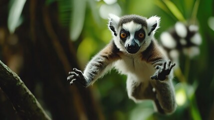 Obraz premium Ring-tailed lemur mid-leap, jungle background.