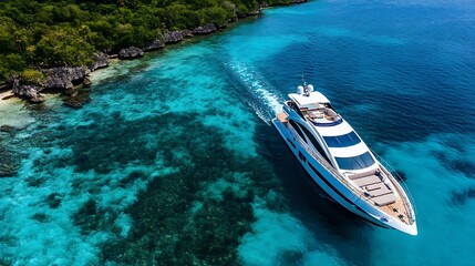 Fototapeta premium Luxury Yacht Cruising on Vibrant Blue Waters Near a Lush Tropical Island : Generative AI