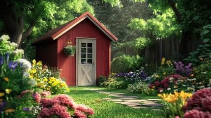 Fototapeta premium Cozy charming wooden garden shed storage solution
