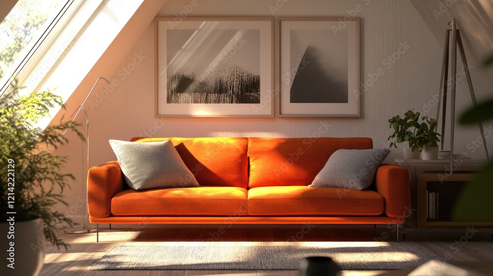 Poster Japandi, scandinavian interior design of modern living room. Attic with vibrant orange sofa.