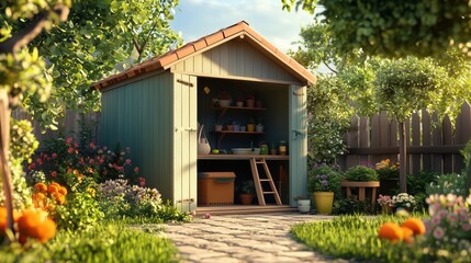 Cozy charming wooden garden shed storage solution