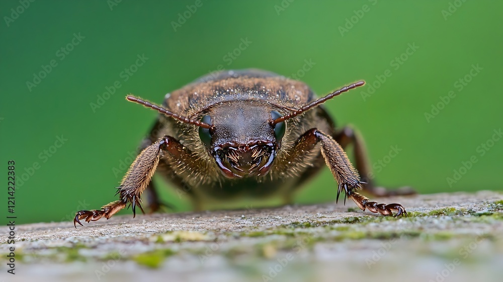 Poster macro shot of brown beetle crawling on bark with blurred green background : generative ai