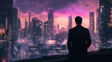 A visionary businessman overlooking a city skyline from a high-rise office