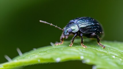 Fototapeta premium Close Up of Green Beetle Crawling on Leaf Exhibiting Vibrant Colors and Textures : Generative AI