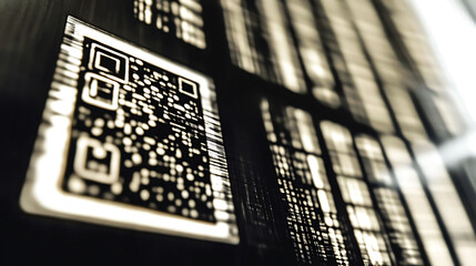 Closeup shot of a QR code and abstract data streams.  Stylized sepia tones create a futuristic, technological feel. Ideal for tech, security, or datarelated projects.