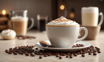 Obraz premium Cappuccino with frothed milk and coffee beans in the background, froth, drink, beverage