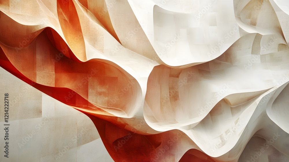Poster an abstract image showcasing flowing shapes in soft hues of white and red, creating a sense of depth