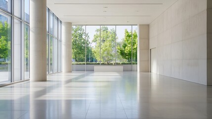 Bright and Spacious Modern Office Lobby with Glass Windows and Greenery Exterior View : Generative AI