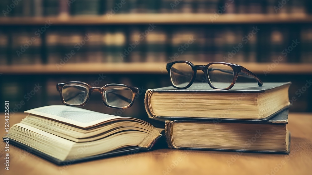 Poster Stack Of Hardcover Books With Glasses On Wooden Table In Library Setting : Generative AI