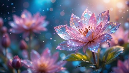 Obraz premium Dew-Kissed Petals: Close-up view of delicate pink flowers glistening with morning dew, bathed in soft, ethereal light. The image evokes a sense of serenity and natural beauty.